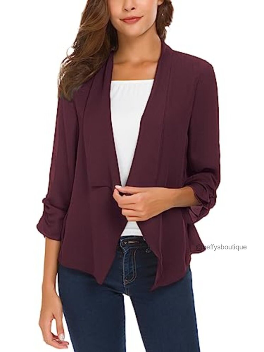 Urban CoCo Lightweight Chiffon Blazer Ruched 3/4 Sleeve Open Front
